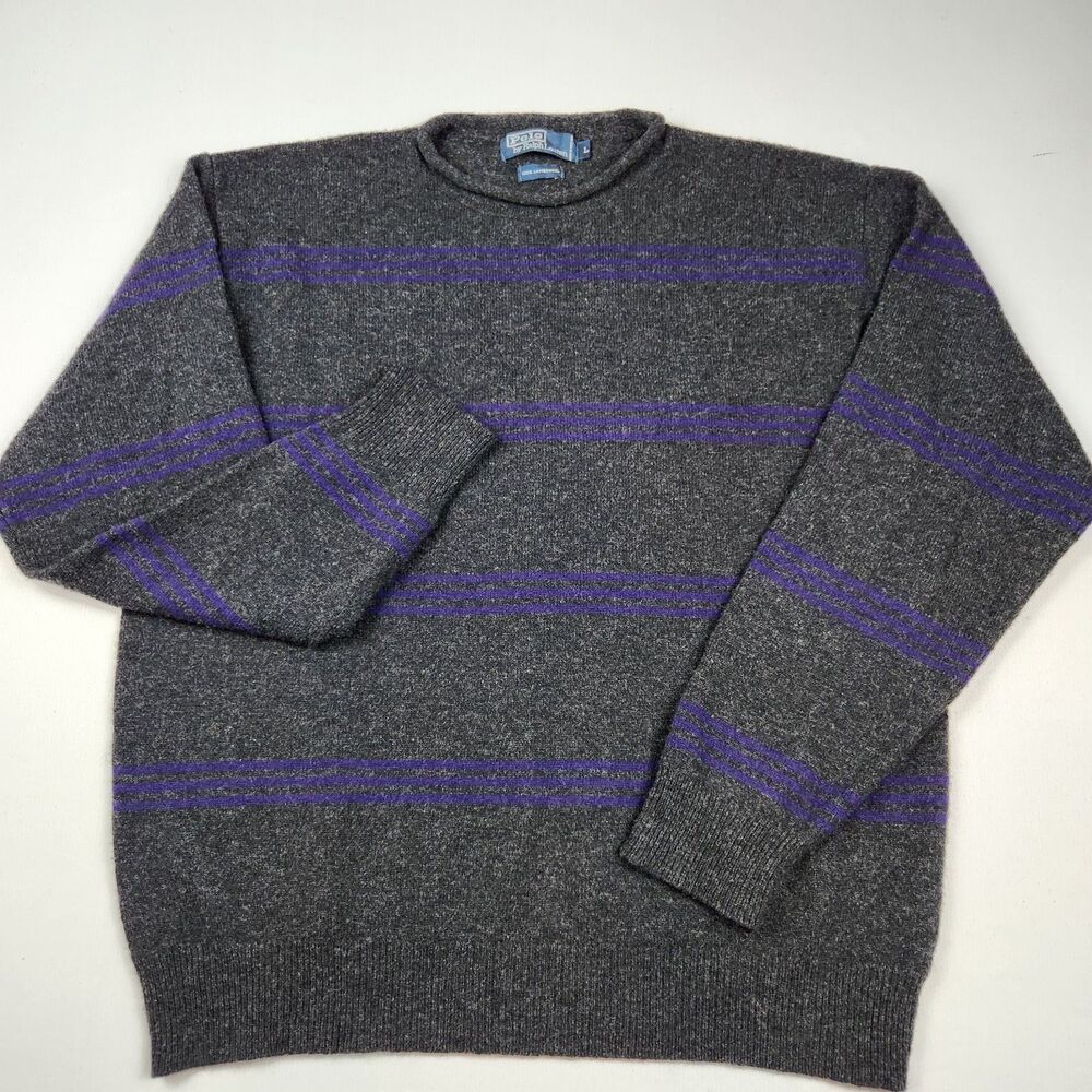 Vintage 90s Polo Ralph Lauren Sweater Men L 100% Lambwool Gray/Purple Pull-Over